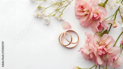Pink flowers and two gold wedding rings on a white background