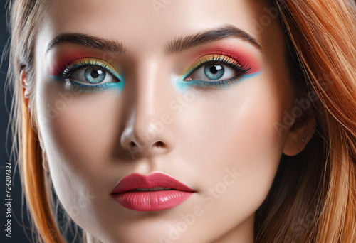 Young woman face. A lot of ideas in the head concept. Creativity. Beautiful colors