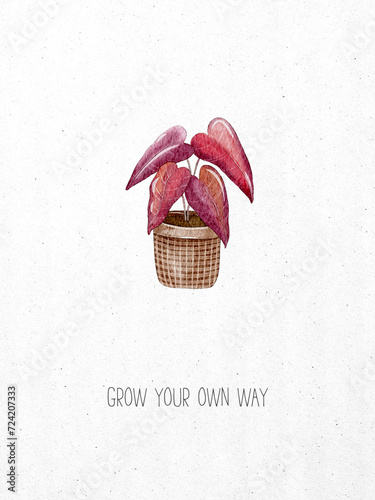 Hand drawn greeting card with potted houseplant with red leaves. Grow your own way. Minimalistic design for textile, social media