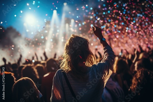 Back view of a young woman having fun at a concert under bright lights among dancing people photo