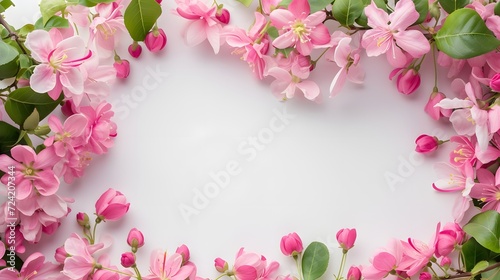 Border of vibrant pink flowers with green leaves on a white background, creating a natural frame with copy space in the center