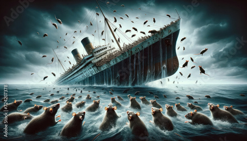 Rats fleeing a sinking ship. It features a dramatic scene with a large ship tilting and sinking into the ocean, while numerous rats scurry away, leaping into the water