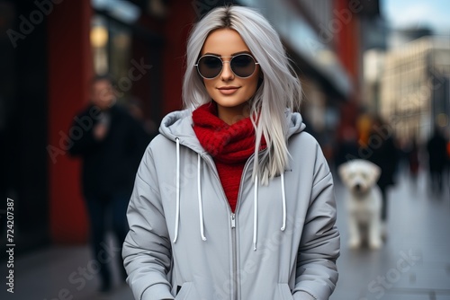 Young woman with long gray hair wearing sunglasses and a red scarf on the street
