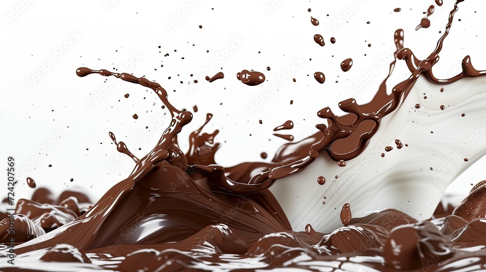 chocolate and milk splashes captured mid-air against a pristine white background, evoking a sense of indulgence and decadence in culinary delights. chocolate and milk splashes captured mid-air against a pristine white background, evoking a sense of indulgence and decadence in culinary delights.