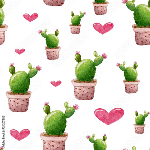 Handdrawn seamless pattern with potted cactus and pink hearts on white background. Design for kids textile, party invitation, greeting card, banner