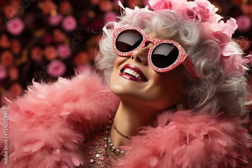 Beautiful fashionable girl with short white curls in pink feathered cape and pink rhinestone glasses