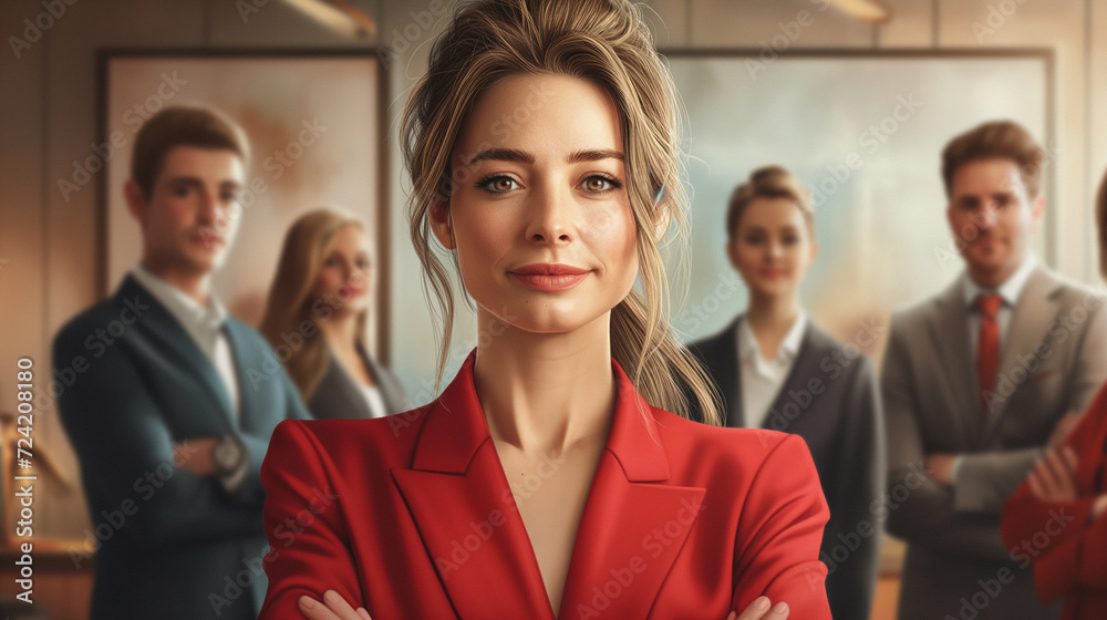 Professional business woman portrait, exuding leadership, teamwork in the backdrop, corporate success concept, career-driven and sharp Professional business woman portrait, exuding leadership, teamwork in the backdrop, corporate success concept, career-driven and sharp