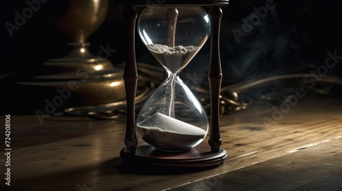 Closeup of an hourglass with sand pouring down on a dark gloomy background