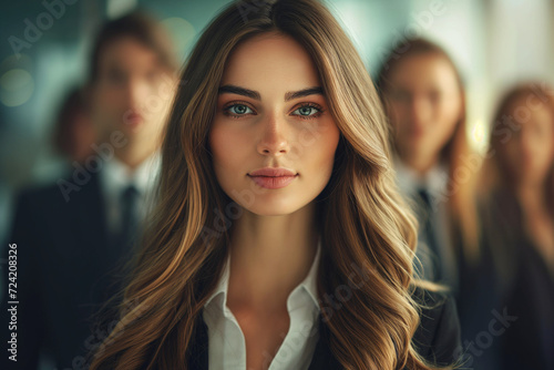 Wallpaper Mural Portrait of a professional, poised business woman leading with vision, teamwork dynamics in focus, corporate ambition concept, office environment. Torontodigital.ca