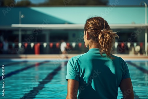 Allenatrice di nuoto vista di spalle mentre è a bordo piscina che osserva la vasca photo