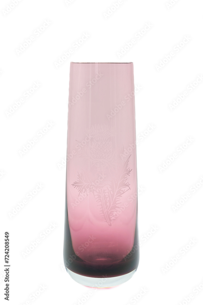 Ornamental rose coloured glass vase with a faded thistle engraved on the front Ornamental rose coloured glass vase with a faded thistle engraved on the front