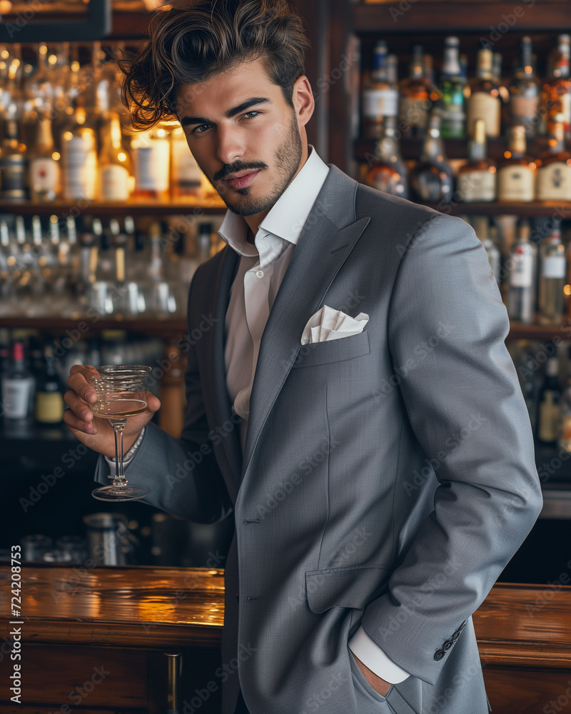 attractive man in bar suit, chic inspired style, light gray and light black