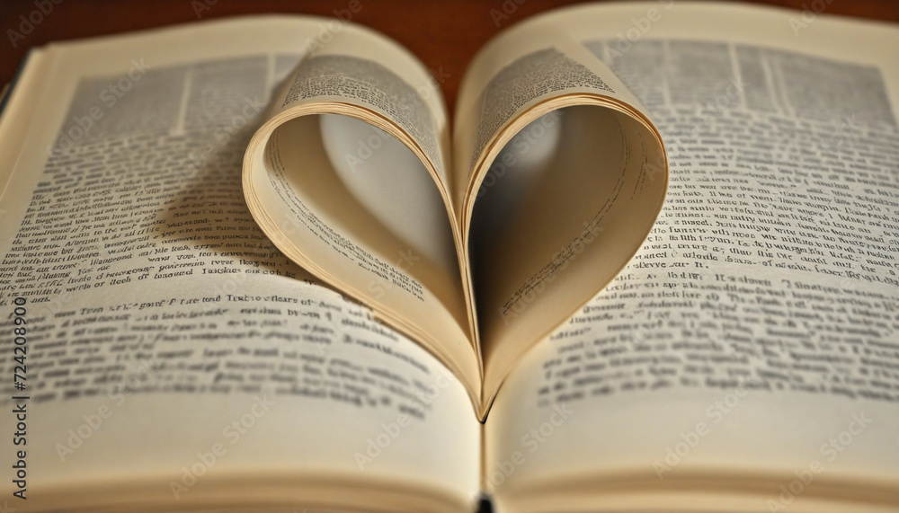 Fototapeta premium Close-up page of a book in heart vintage style, love of books with blur background