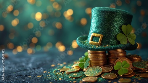 St. Patrick's Day leprechaun hat, gold coins and shamrocks on green background © Vasiliy