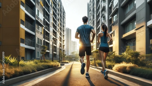 Young couple jogging in a modern residential neighborhood at sunset, with the warm glow of the sun casting long shadows.
 photo