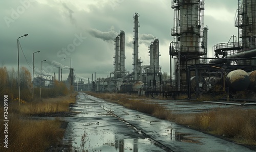 industrial landscape with heavy pollution produced by a large chemical plant photo
