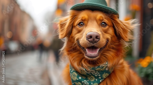 Cute dog with with a green scarf around his neck on green background. St. Patrick's Day celebration photo