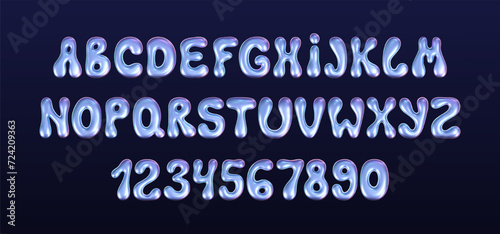 3d holographic liquid font in y2k style isolated on a dark background. Render of 3d neon inflated iridescent alphabet and numbers with rainbow effect. 3d vector y2k hologram set of letters