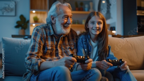 In the comfort of their home, grandfather and his granddaughter immerse themselves in a shared video game experience. Generative AI © Nanci