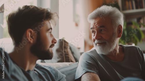 Father and son sitting on the couch at home having a conversation. Family concept. Generative AI