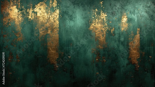 Generative AI, Green and golden colors rough wall, impasto grunge vintage painting background. Old oil textured painted canvas