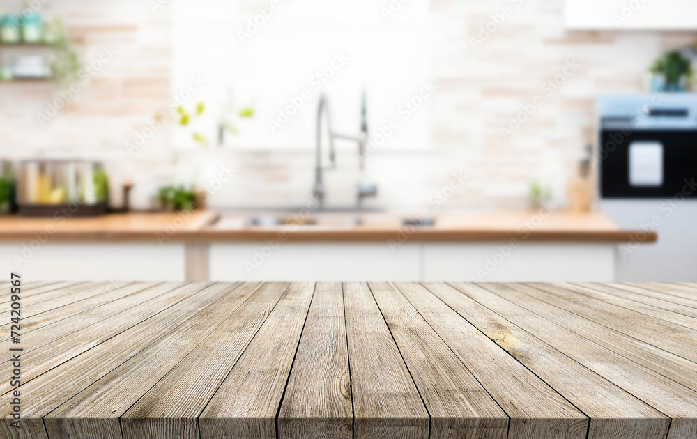 Wooden table or surface on the background of a beautiful kitchen Wooden table or surface on the background of a beautiful kitchen