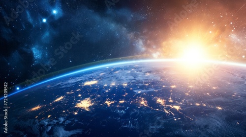 Planet Earth seen from space with the sun in the background and stars in high resolution and quality. universe concept