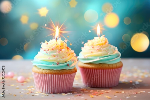 Cupcakes with burning candles. Beautiful lights at background. Happy birthday. Party  holiday mood. AI Generated 