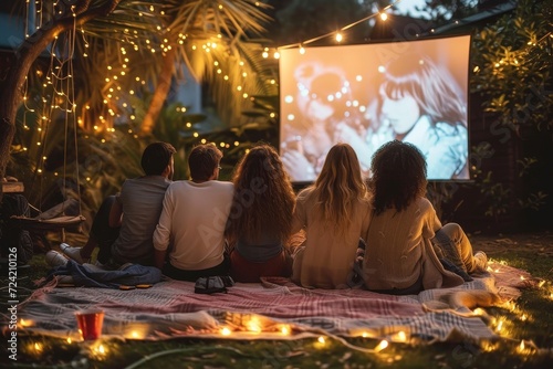 A cozy group gathers around a flickering candle, bundled in warm clothing as they enjoy an outdoor movie under the soft glow of the moonlight