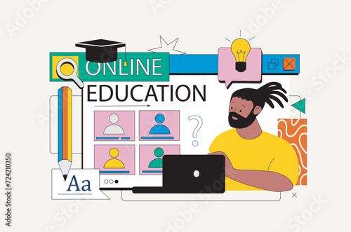 Education concept in flat neo brutalism design for web. Student learning with video classroom, studying and researching information. Vector illustration for social media banner, marketing material. © alexdndz