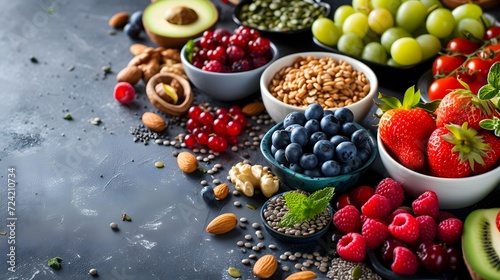  A vibrant array of fresh ingredients in small bowls, including fruits, seeds, and nuts on a dark surface.