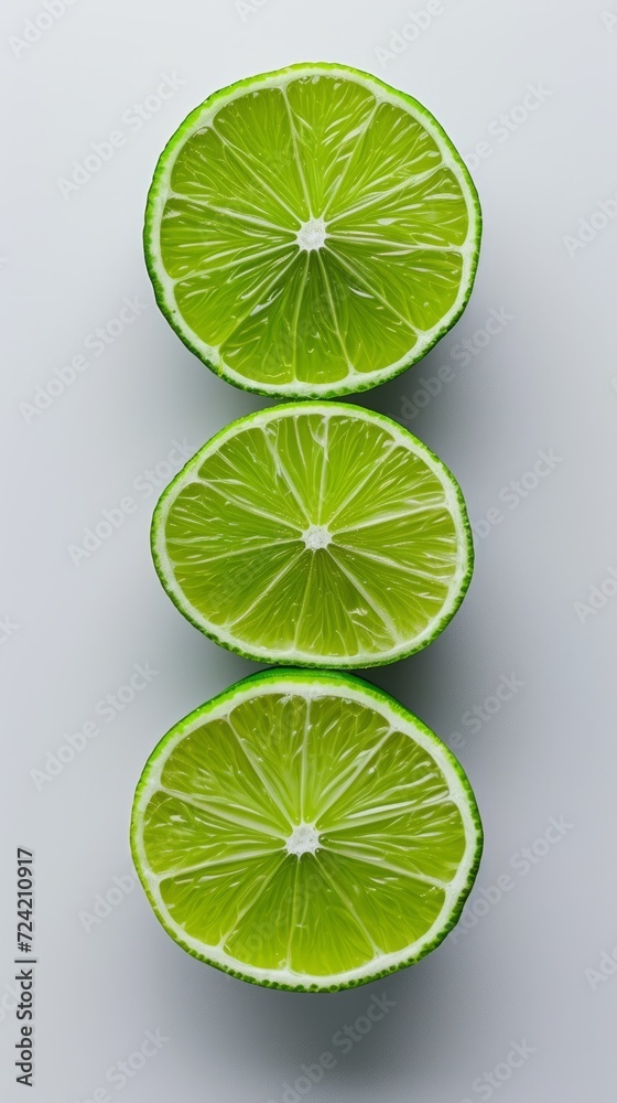three slices of green lime on a white background three slices of green lime on a white background
