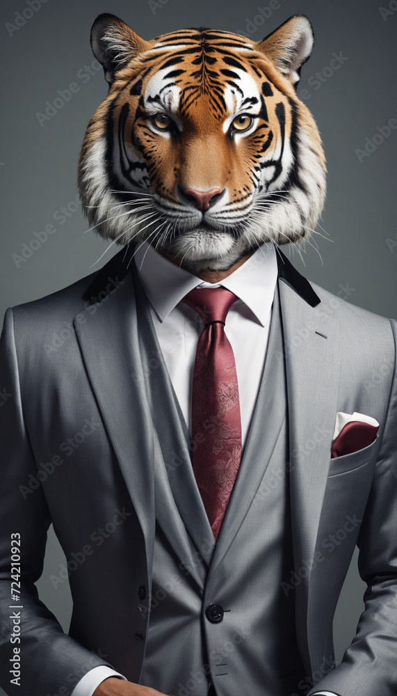 Tiger dressed in an elegant and modern suit with a nice tie. Fashion portrait of an anthropomorphic animal, feline, shooted in a charismatic human attitude - Generative AI Tiger dressed in an elegant and modern suit with a nice tie. Fashion portrait of an anthropomorphic animal, feline, shooted in a charismatic human attitude - Generative AI
