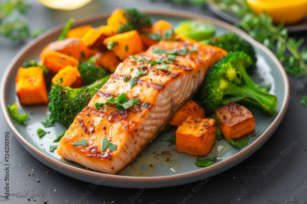 A well-plated dish featuring succulent grilled salmon accompanied by roasted sweet potatoes and steamed broccoli A well-plated dish featuring succulent grilled salmon accompanied by roasted sweet potatoes and steamed broccoli