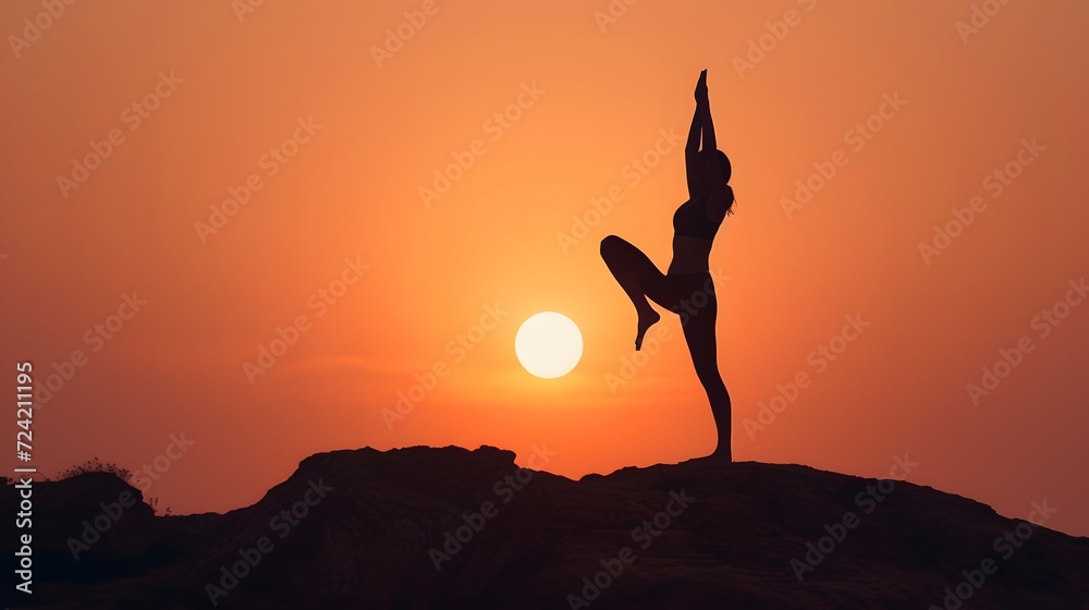 Silhouette of a woman performing yoga at sunset on the top of a hillside
