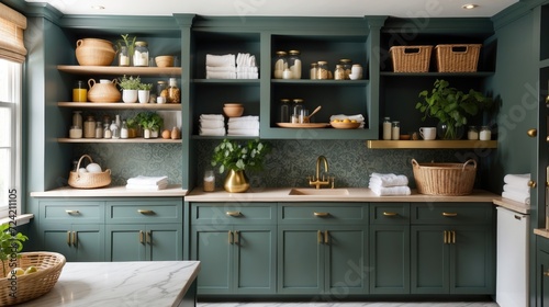 Laundry room with dark green painted cabinets and patterned multi-colored tile
