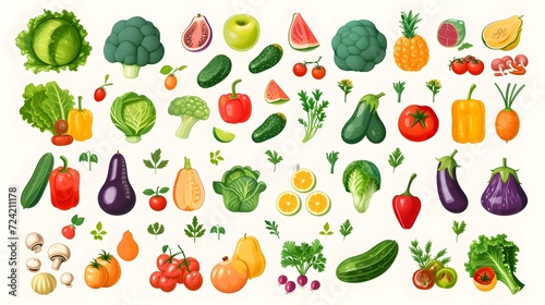 Fruit and vegetable collection in hand drawn top down flat style. Illlustrations