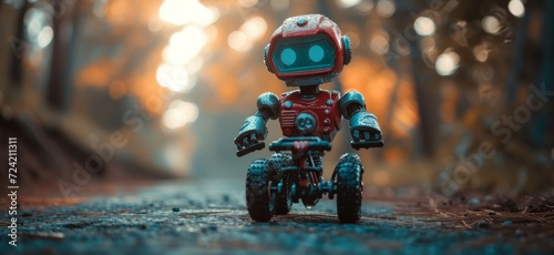 a tiny metal robot riding a toy bike in autumn