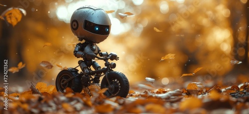 a tiny metal robot riding a toy bike in autumn