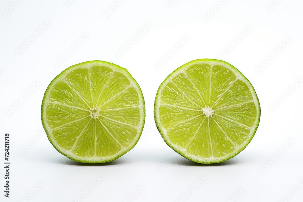 two halves of a lime cut on a white background
