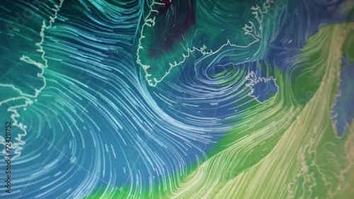 Strong winds over north Europe Pixels visible Moving camera shot of a computer screen. Weather  wind satellite view map. Precipitations, temperatures, air pressure.