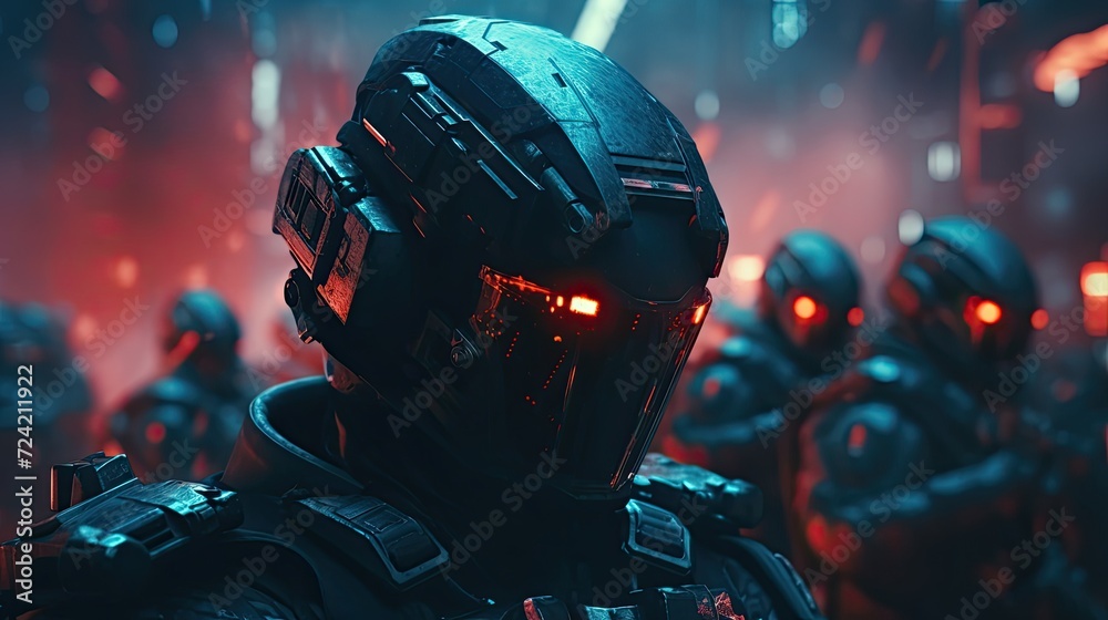 Combat robot in military metal armor. Futuristic cyborg security guard ...