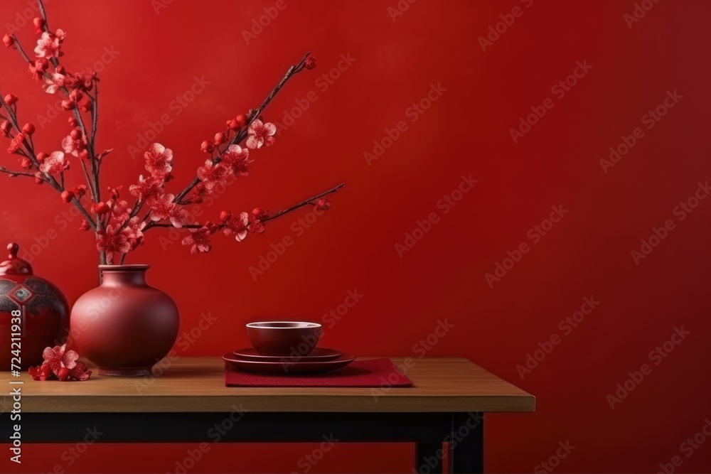 Fototapeta premium Table with beautiful decorations for Chinese New Year celebration in room with copy space