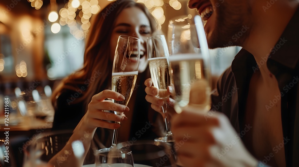 Young adult couple celebrate with champagne in a luxury restaurant