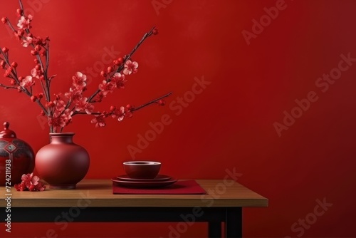 Table with beautiful decorations for Chinese New Year celebration in room with copy space