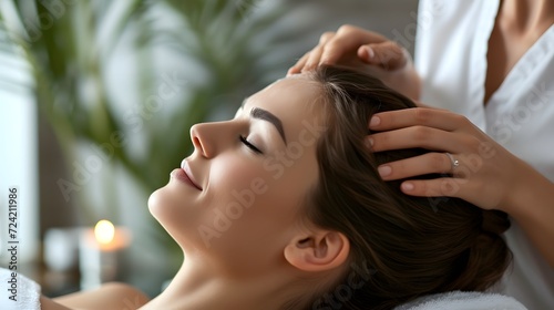 Woman having a head massage at a spa salon