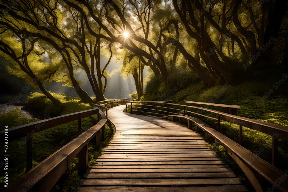 A peaceful boardwalk in a serene park, where the path leads you deeper into the natural beauty of the landscape. A peaceful boardwalk in a serene park, where the path leads you deeper into the natural beauty of the landscape.