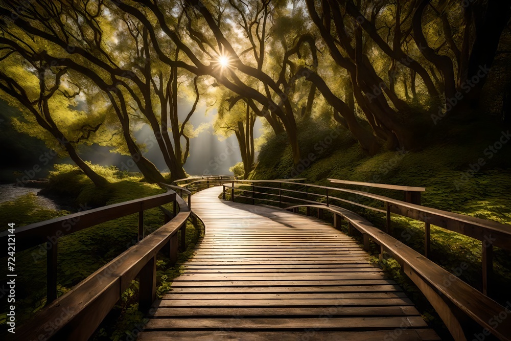 A peaceful boardwalk in a serene park, where the path leads you deeper into the natural beauty of the landscape.