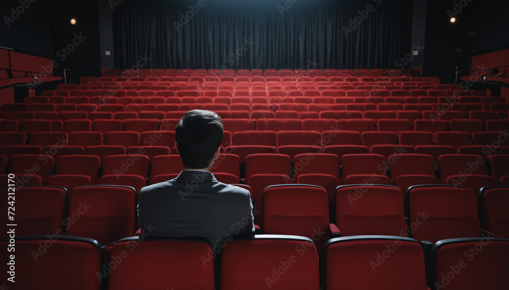Fototapeta premium One lonely person in a theater on red seat watching in front , back view