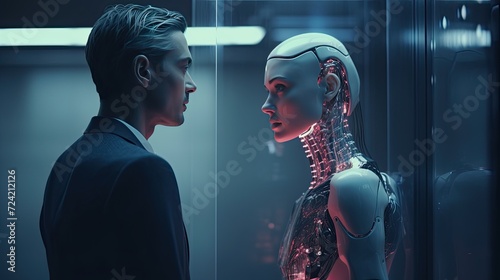 Couple in love: a man and a futuristic android robot. Technological sci-fi background. Relationship between human and artificial intelligence.